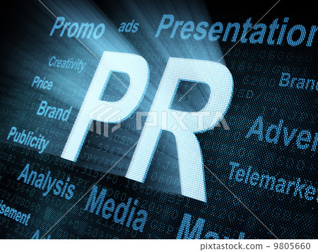 Pixeled word PR on digital screen Pixeled word PR on digital screen 9805660
