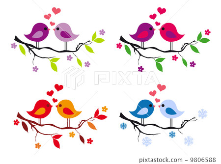 cute birds with red hearts on tree, vector set cute birds with red hearts on tree, vector set 9806588