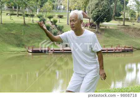 asian senior performing taichi 9808718