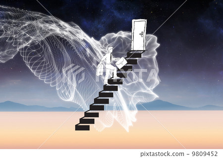 Composite image of businessman climbing the stairs to door 9809452