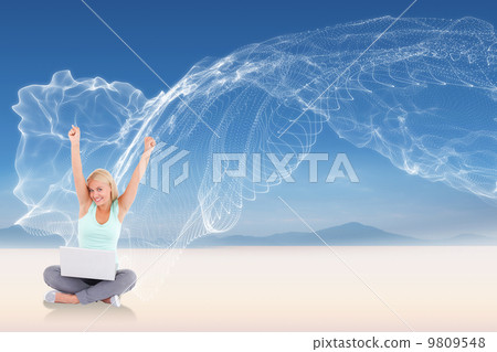 Composite image of joyful woman with a notebook 9809548
