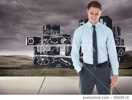 Composite image of smiling businessman standing with hand in poc Composite image of smiling businessman standing with hand in poc 9809616