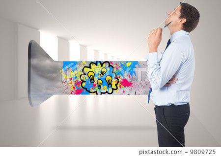 Composite image of thinking businessman holding pen Composite image of thinking businessman holding pen 9809725