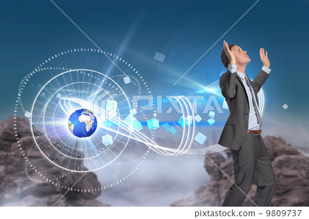 Composite image of businessman posing with arms raised 9809737