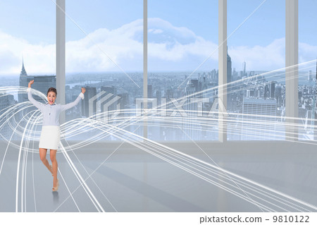 Composite image of excited brunette businesswoman jumping and ch Composite image of excited brunette businesswoman jumping and ch 9810122