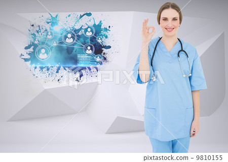 Composite image of woman doctor giving a signal that everything 9810155