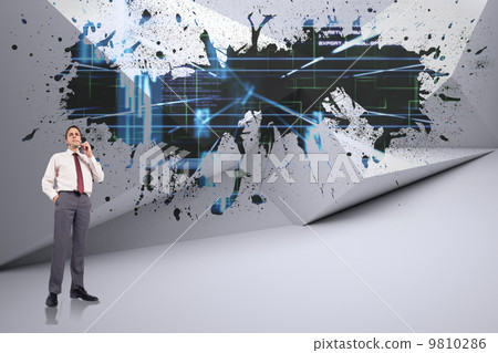 Composite image of thinking businessman holding glasses Composite image of thinking businessman holding glasses 9810286