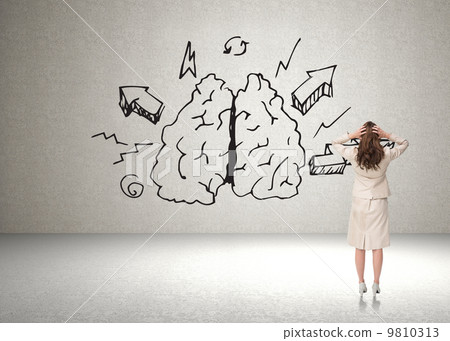 Composite image of businesswoman with hands on head standing bac 9810313