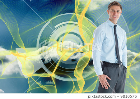 Composite image of smiling businessman standing with hand in poc 9810576