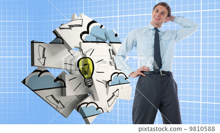 Composite image of thinking businessman with hand on head 9810588