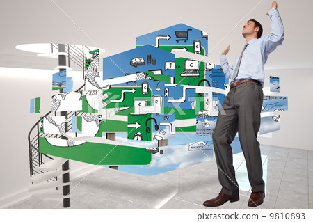 Composite image of businessman posing with hands up Composite image of businessman posing with hands up 9810893