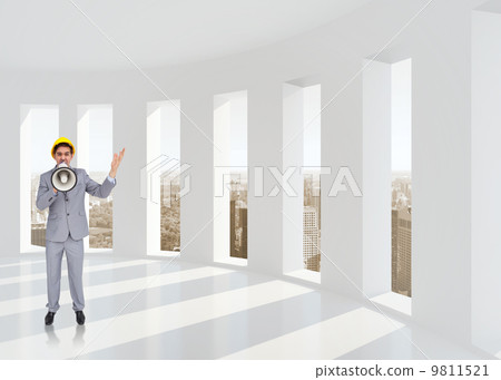 Composite image of architect with hard hat shouting with a megap Composite image of architect with hard hat shouting with a megap 9811521
