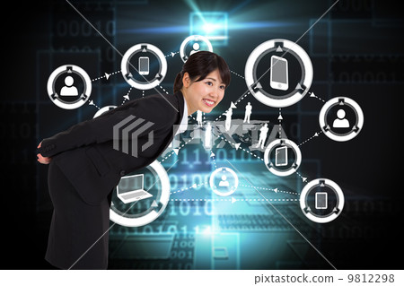 Composite image of smiling businesswoman bending 9812298