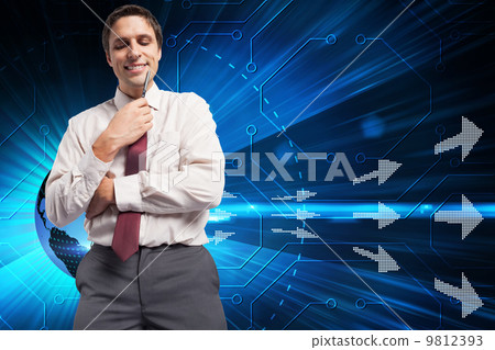 Composite image of thoughtful businessman holding pen to chin 9812393