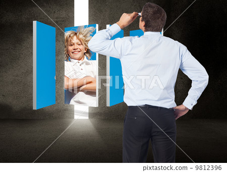 Composite image of thinking businessman tilting glasses 9812396