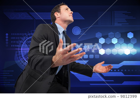 Composite image of businessman posing with arms out 9812399