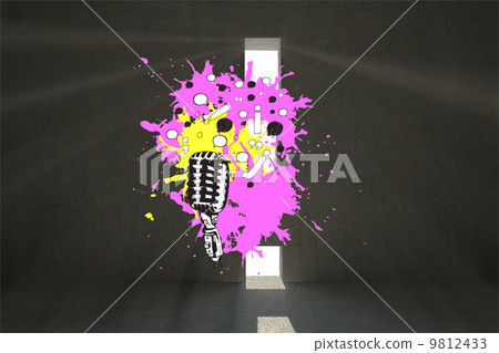 Composite image of microphone on paint splashes Composite image of microphone on paint splashes 9812433