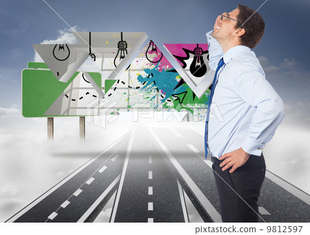 Composite image of thinking businessman tilting glasses Composite image of thinking businessman tilting glasses 9812597