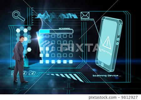 Composite image of serious businessman with hands on hips Composite image of serious businessman with hands on hips 9812927