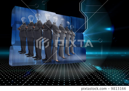 Composite image of light bulb business people on abstract screen 9813166