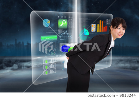 Composite image of smiling businesswoman bending 9813244