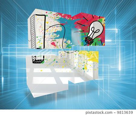 Composite image of exclamation mark and light bulb on abstract s 9813639