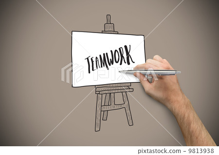 Composite image of hand holding a silver pen 9813938