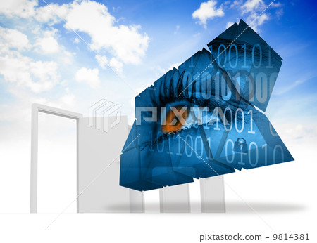 Composite image of eye and binary code on abstract screen 9814381