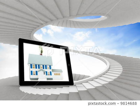 Composite image of house with price tag on tablet screen 9814688