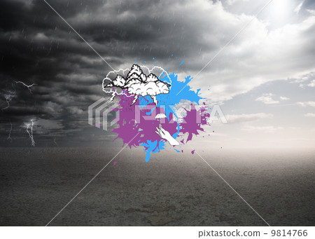 Composite image of storm clouds on paint splashes Composite image of storm clouds on paint splashes 9814766