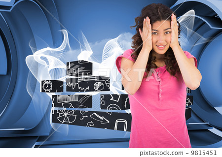 Composite image of cute brunette having headache Composite image of cute brunette having headache 9815451