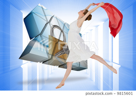 Composite image of young beautiful female dancer with red scarf 9815601