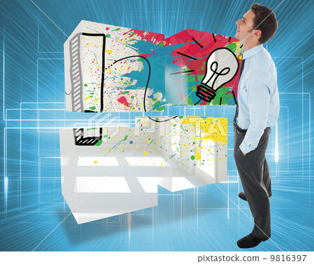 Composite image of happy businessman standing with hand in pocke 9816397