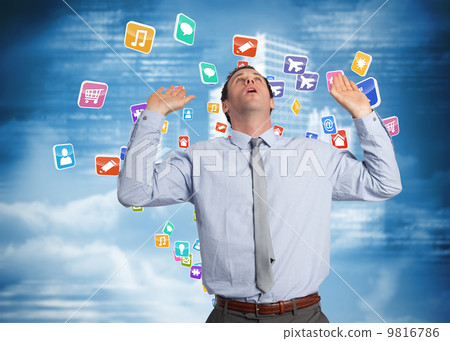 Composite image of businessman standing with arms pushing up 9816786