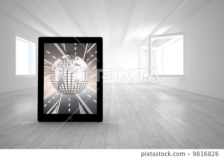 Composite image of silver globe on tablet screen 9816826