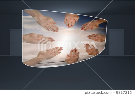 Composite image of hands together on abstract screen 9817215