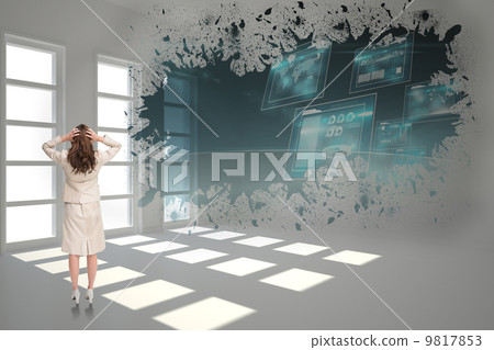 Composite image of businesswoman with hands on head standing bac Composite image of businesswoman with hands on head standing bac 9817853