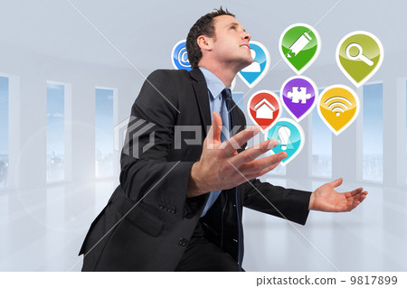 Composite image of businessman posing with arms out 9817899
