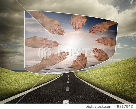 Composite image of hands together on abstract screen 9817948
