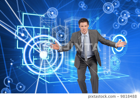Composite image of businessman standing with arms out Composite image of businessman standing with arms out 9818488