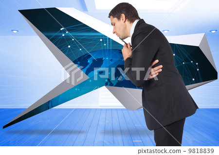 Composite image of thinking businessman holding pen 9818839