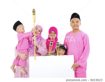 asian malay family during raya with blank cardboard 9819023