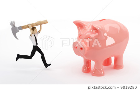 Businessman about to break his piggy bank with a hammer Businessman about to break his piggy bank with a hammer 9819280