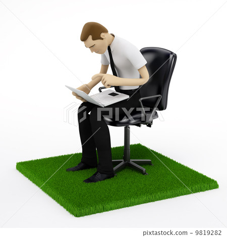 Young businessman with a laptop in chair on the piece of green field 9819282