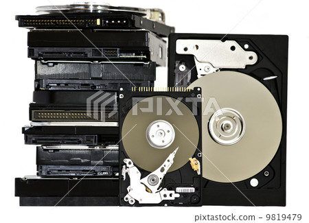 Many Open Hard drives isolated on white background. 9819479