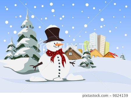 Winter landscape with snowman - Stock Illustration [9824139] - PIXTA