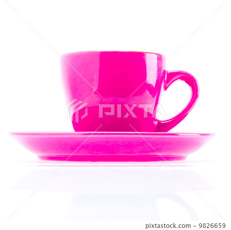 Beautiful colorful pink cup on plate isolated on white backgroun Beautiful colorful pink cup on plate isolated on white backgroun 9826659