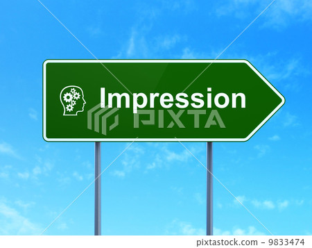 Marketing concept: Impression and Head With Gears on road sign Marketing concept: Impression and Head With Gears on road sign 9833474