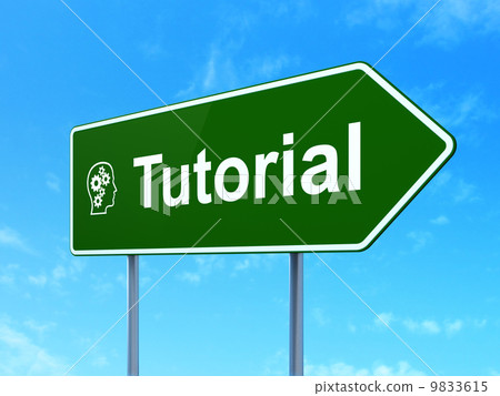 Education concept: Tutorial and Head With Gears on road sign background Education concept: Tutorial and Head With Gears on road sign background 9833615