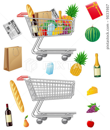shopping cart with purchases and foods 9833987